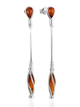 Длинные серьги с коньячным янтарём на застёжках-гвоздиках Алжир