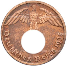 Монета 1 рейхспфенниг 1938 года D Германия