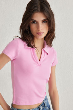 Ac?k Pembe Duz Fitted/Vucuda Oturan Polo Yaka Orme Bluz TWOSS25BZ00003