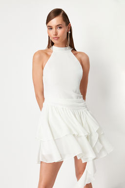 TRENDYOLMILLA Ac?k Mavi A-Kesim F?f?rl? Dokuma K?sa S?k Abiye Elbise TPRSS24EL00122  фото 12