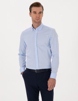 A__k Mavi Slim Fit %100 Pamuk Yakas_ D__meli Oxford G_mlek