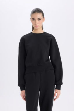 Boxy Fit Bisiklet Yaka Kal?n Basic Duz Sweatshirt