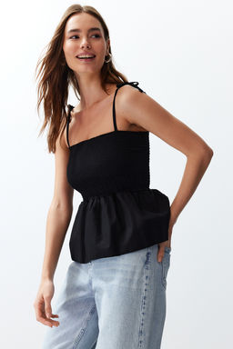 Siyah Pamuklu Poplin Detayl? Fitted Ask?l? Gipeli Esnek Orme Bluz TWOSS24BZ00393