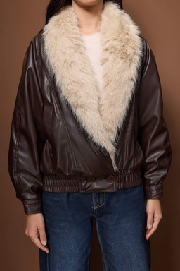 Kahverengi Oversize Kal?p Suni Kurk Detayl? Bomber Ceket Mont TWOAW26MO00170