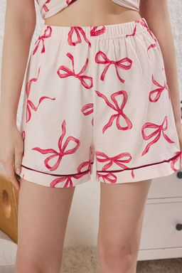 Trendyolmilla Pembe-Cok Renkli %100 Pamuklu Kurdele/Fiyonklu Biyeli Sortlu Orme Pijama Tak?m? THMSS25PT00372