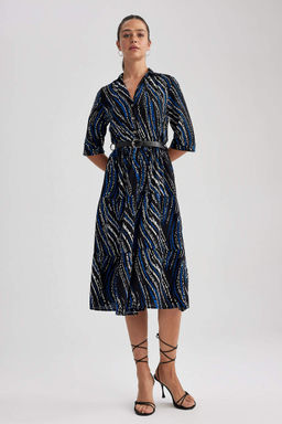 Платье миди с воротником-рубашкой и узором до половины рукава - Defacto фото 3