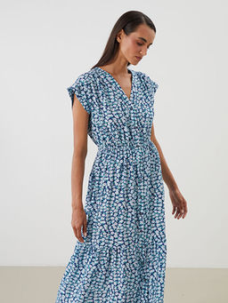 V Yaka ?i?ekli Belden Oturtmal? Elbise