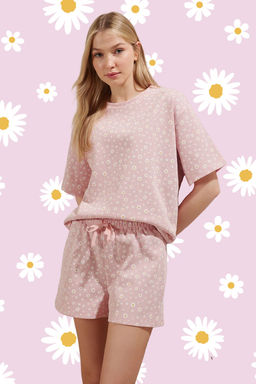 Trendyolmilla Pembe Papatya Desenli Waffle Kumas Sortlu Orme Pijama Tak?m? THMSS25PT00217