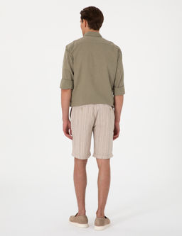 Haki Slim Fit Keten Kar___ml_ _izgili Dokuma _ort