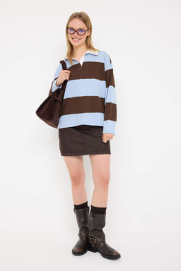 Kahverengi Cizgili Polo Yaka Oversize/Genis Kal?p Orme Sweatshirt TWOAW26SW00051