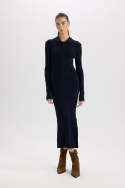 Fitted Polo Yaka Basic Duz Y?rtmacl? Uzun Kollu Triko Elbise