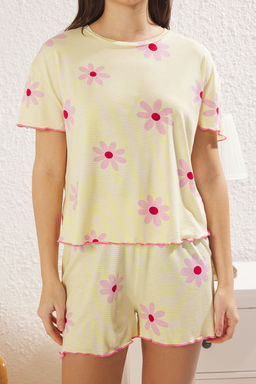 Trendyolmilla Sar?-Cok Renkli Cicekli ve Cizgili Baby Overlok Detayl? Sortlu Orme Pijama Tak?m? THMSS25PT00205 фото 5