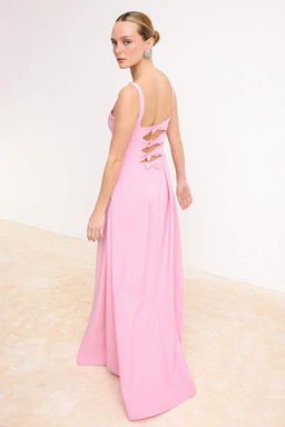 Ac?k Pembe Duz A Kesim Fiyonklu Dokuma Finike Maxi Abiye & Mezuniyet Elbisesi