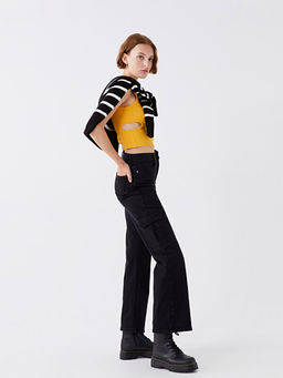 Y?ksek Bel Wideleg Kad?n Kargo Jean Pantolon