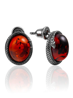 Экстравагантные серьги с коньячным янтарём Змейка