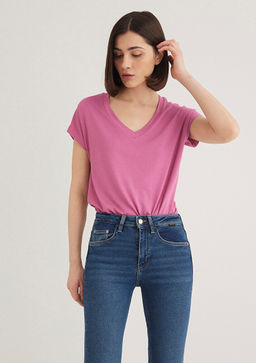V Yaka Pembe Basic Viskoz Tisort - Mavi фото 2