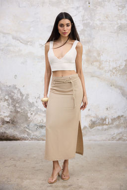 TRENDYOLMILLA Tas Kordon Kemerli Keten Kar?s?ml? Yandan Y?rtmacl? Maxi Boy Dokuma Etek TWOSS25ET00124 фото 2
