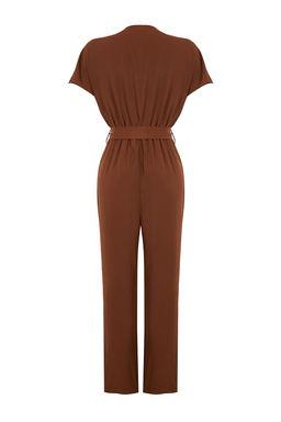 TRENDYOLMILLA Siyah Baglama Detayl? Kruvaze Yaka Boru Paca Dokuma Tulum TWOSS21TU0112  фото 16