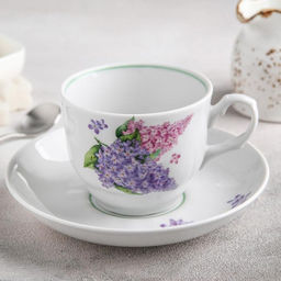 Чайная пара Добрушский завод Сирень, 2 предмета: чашка 250 мл, блюдце d=15 см, фарфор, белая