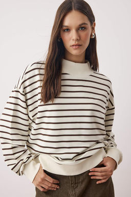 Kahverengi Cizgili Oversize/Genis Kal?p Orme Sweatshirt TWOAW26SW00102