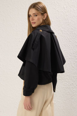 Trendyolmilla Siyah C?kar?labilir Parca Detayl? Beli Lastikli Regular K?sa Trenckot TWOSS25TR00003 фото 3