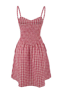 K?rm?z? Ekose Desenli Dokuma Gipeli Mini Plaj Elbisesi TBESS26EL00016