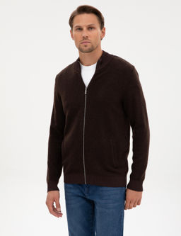 Koyu Kahverengi Slim Fit Y_n Kar___ml_ Triko H_rka