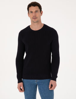Lacivert Slim Fit Pamuk Kar___ml_ Bisiklet Yaka Triko Kazak