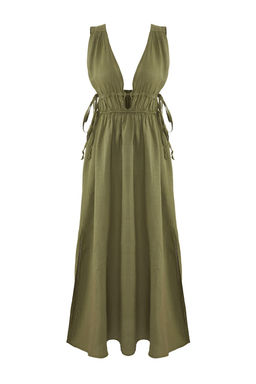 Trendyolmilla Haki Maxi Dokuma %100 Keten Buzgu Detayl? Plaj Elbisesi TBESS25EL00105 фото 5