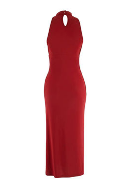 Kiremit Bodycon Halter Yaka Kolsuz Aksesuar Detayl? Midi Esnek Orme Elbise TWOSS26EL00267