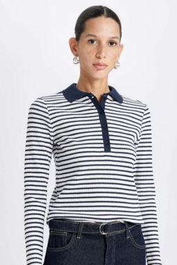 Slim Fit Dar Kesim Polo Yaka Dugmeli Cizgili Fitilli Kaskorse Uzun Kollu Tisort