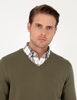 Koyu Haki Slim Fit V Yaka Basic Triko Kazak - Pierre cardin фото 2
