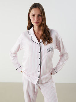 G?mlek Yaka ?izgili Kad?n Pijama Tak?m?