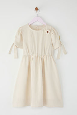 Tas K?z Cocuk Cicek Detayl? K?sa Kol Dokuma Elbise TKDSS25EL00057