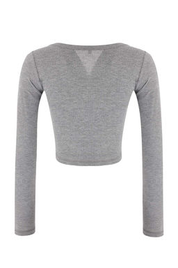 Gri Melanj Fitted/Vucuda Oturan V Yaka C?tc?tl? Crop Premium Yumusak Orme Bluz TWOSS26BZ00056