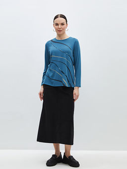 Bisiklet Yaka Desenli Uzun Kollu Kad?n Bluz