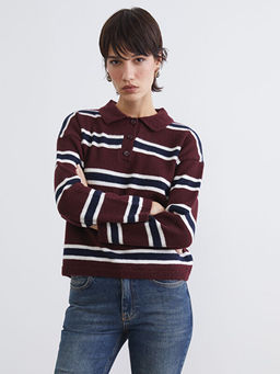 Polo Yaka ?izgili Kad?n Triko Kazak