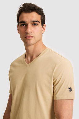 Erkek Regular Fit V Yaka Bej Basic Ti__rt