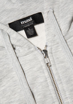 S?rt Bask?l? Kapusonlu Gri Sweatshirt - Mavi фото 6