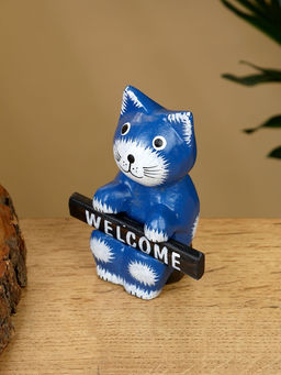 Сувенир «Кот с табличкой WELCOME», 8×4×10 см, дерево, синий