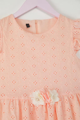 Somon Pamuklu F?rf?rl? Cicek Detayl? Mini K?sa Kol K?z Cocuk Dokuma Elbise TKDSS25EL00034 - Trendyolmilla фото 2