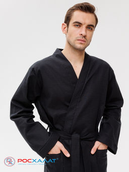 Мужской вафельный халат с планкой черный В-03 (27)