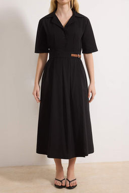 Siyah Duz Etegi Belden Ac?lan Midi Dokuma Elbise TWOSS25EL00060