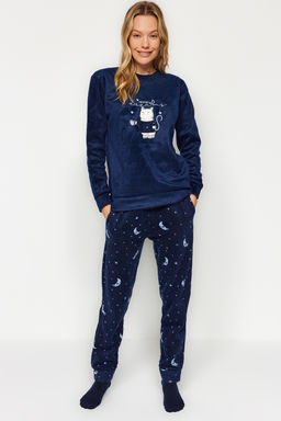 Lacivert Kedi Nak?sl? Kadife K?sl?k Orme Pijama Tak?m? THMAW24PT00169 - Trendyolmilla фото 2
