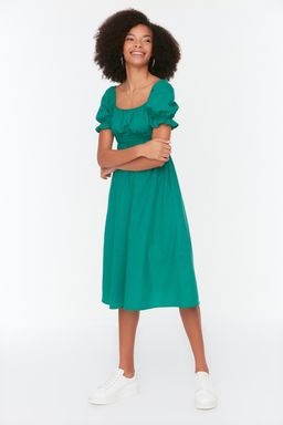 Yesil Skater/Belden Ac?lan Balon Kollu Astarl? Midi Dokuma Elbise TWOSS22EL1768