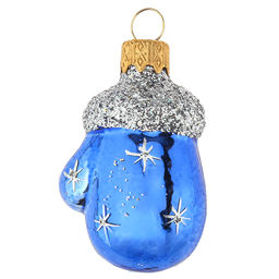 Елочная игрушка фигурка стеклянная Варежка h6см, синий, ручная художественная роспись, подарочная упаковка (Россия)