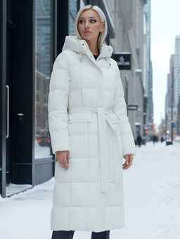 Пальто утепленное стеганное зимнее с капюшоном женское бежевого цвета 9609B - Mtforce фото 20