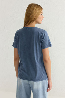 Indigo Y?kamal? %100 Kal?n Pamuklu Premium Basic Bisiklet Yaka Orme T-Shirt TWOSS23TS00042