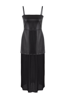 Limited Edition Siyah Suni Deri Etegi Sifon Plilise Detayl? Elbise TWOAW26EL00127 - Trendyolmilla фото 5