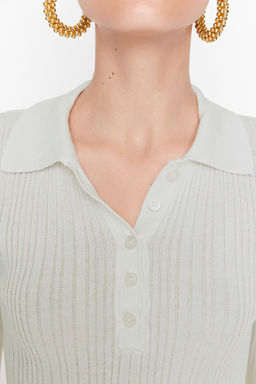 Ekru Merserize Gorunumlu Polo Yaka Fitilli Triko Kazak TWOAW21KZ0773 - Trendyolmilla фото 5